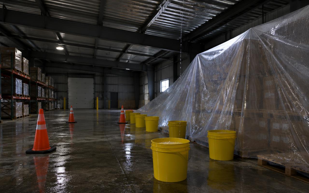 AI illustration: yellow buckets, cones, and a clear plastic sheet over pallets catching water dripping from a warehouse roof