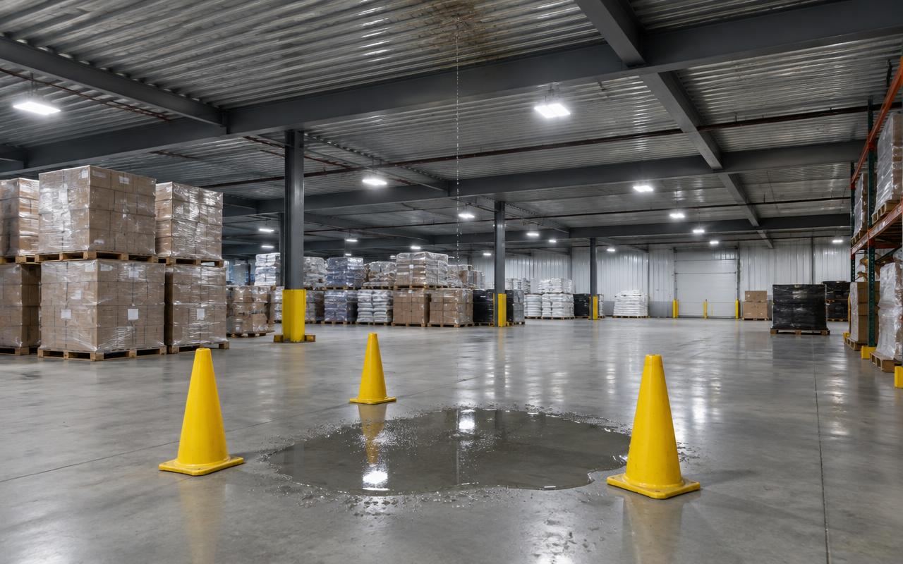 AI illustration: yellow cones around a puddle on a warehouse floor under a dripping steel roof