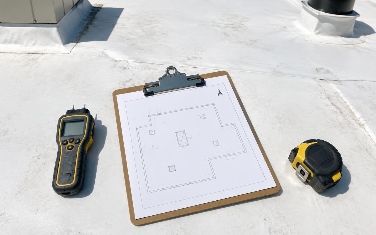 AI illustration: a clipboard with a blank roof plan, a moisture meter, and a tape measure on a white commercial roof