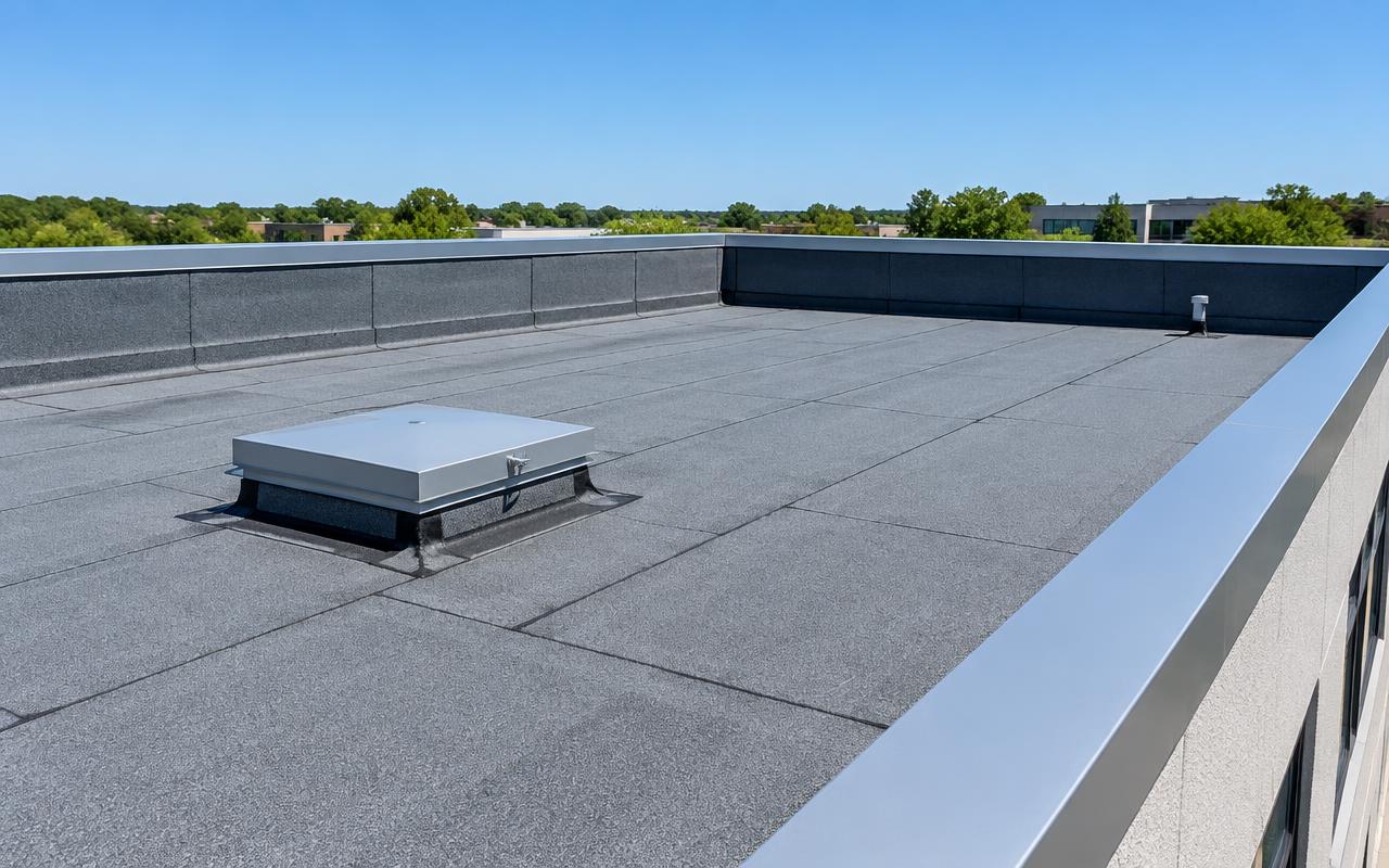 AI illustration: a gray low-slope office roof with a roof hatch, short parapet walls, and metal edge caps