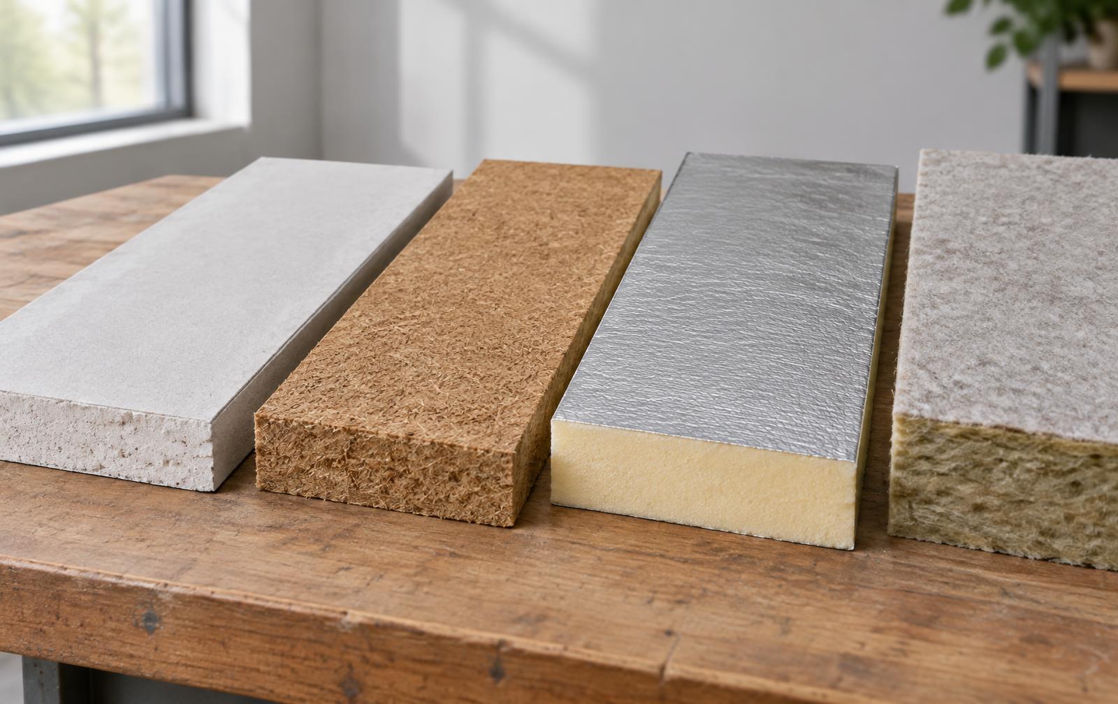 Unbranded cover-board samples showing distinct core and facing textures.