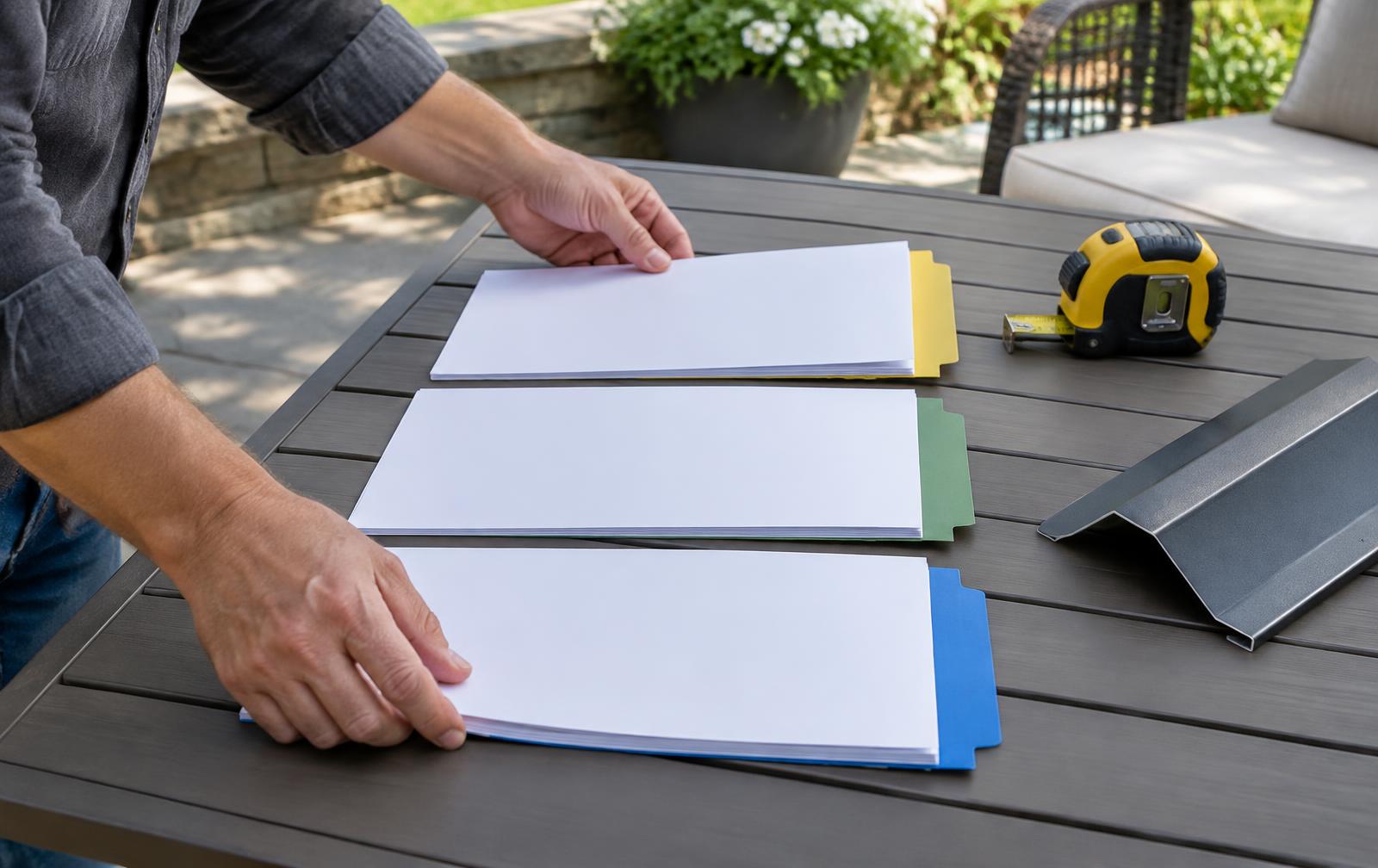 Hands compare three roof bid sheets beside a roof edge sample.