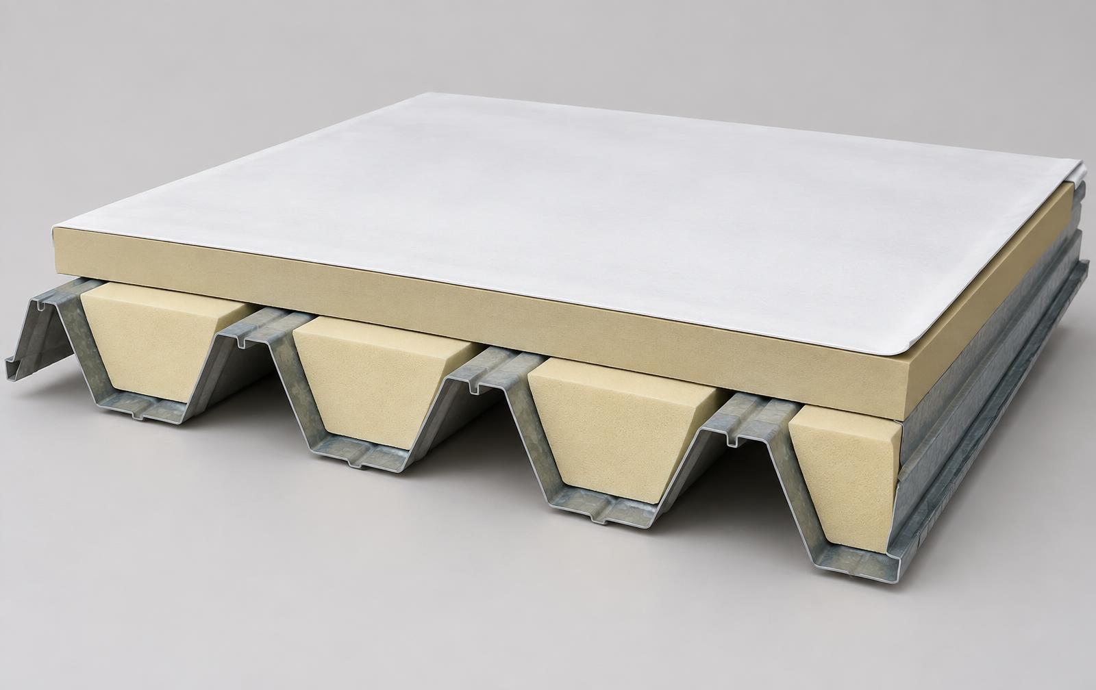 Side view of a mock-up with fitted foam between metal roof ribs below new roof layers.