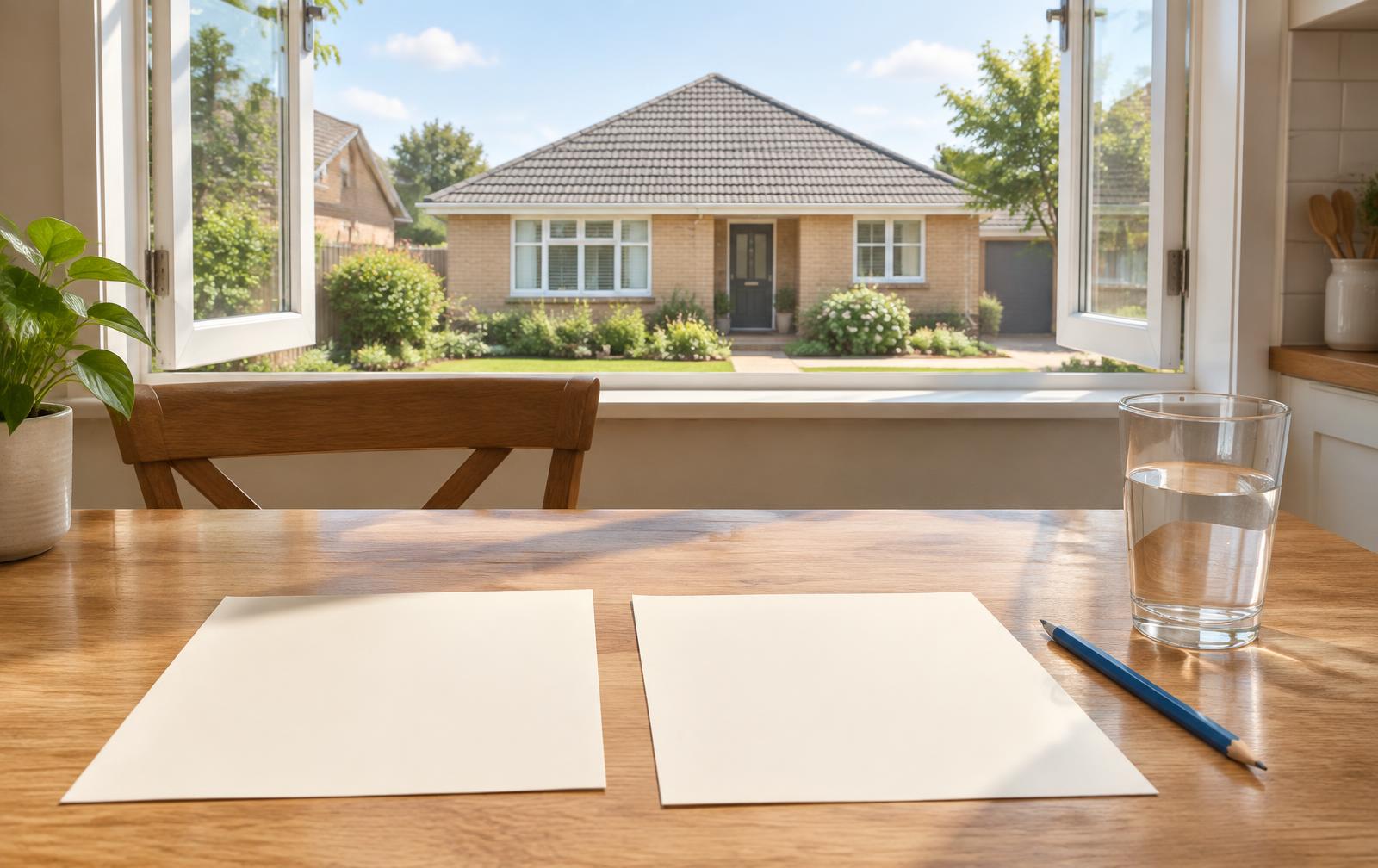 Illustrated kitchen table with two blank planning sheets and a view of a simple hip roof.