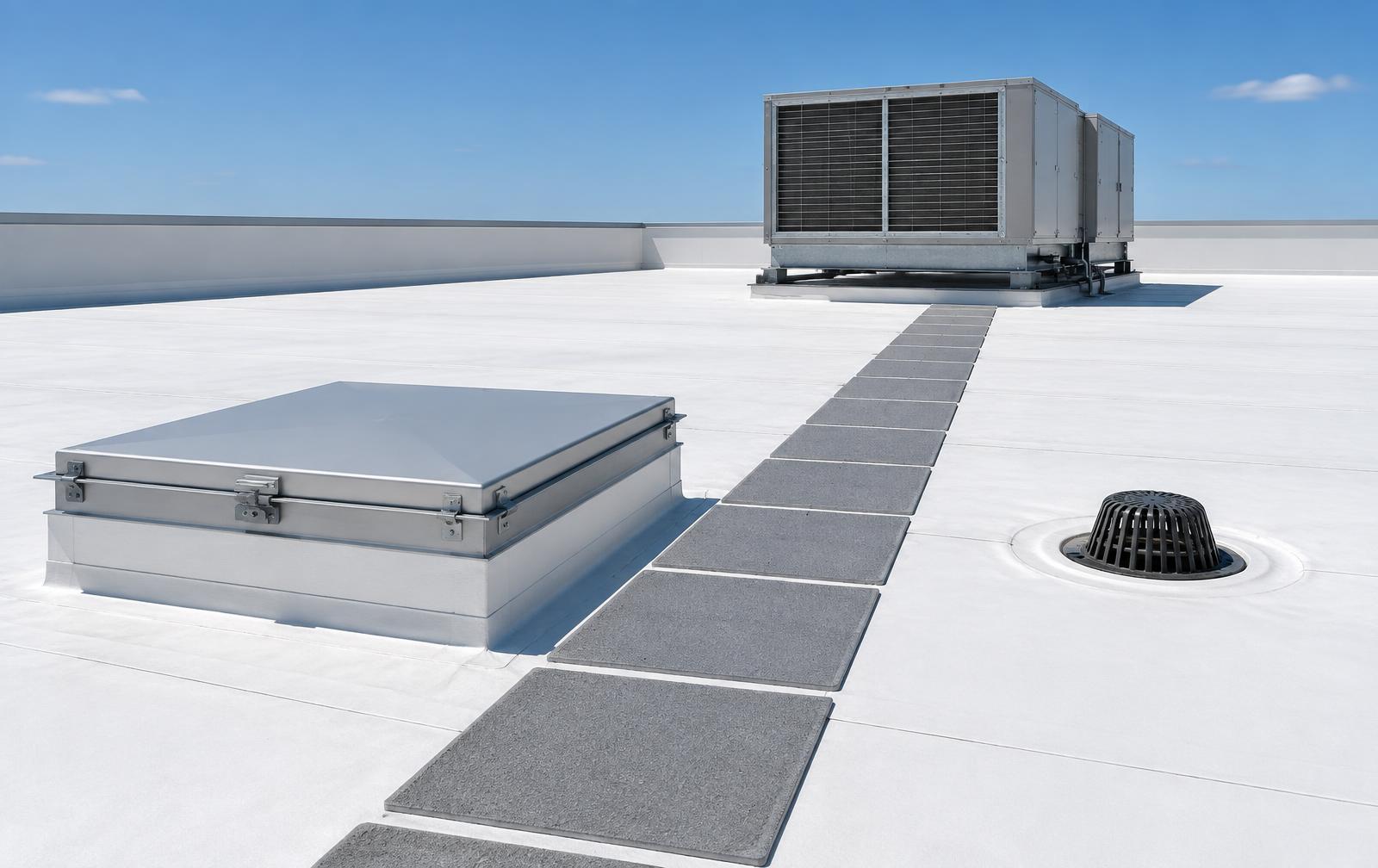 Conceptual walkway-pad route from a closed roof hatch toward a cooling unit.