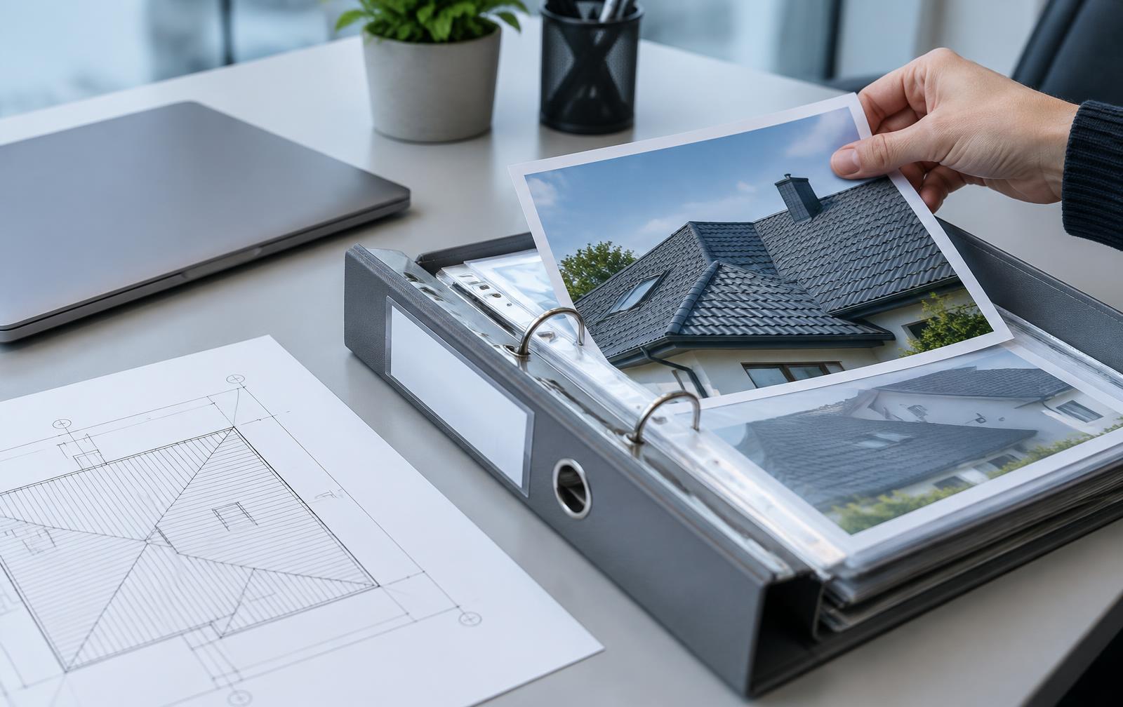 Roof photos and a plan filed in a project closeout binder.
