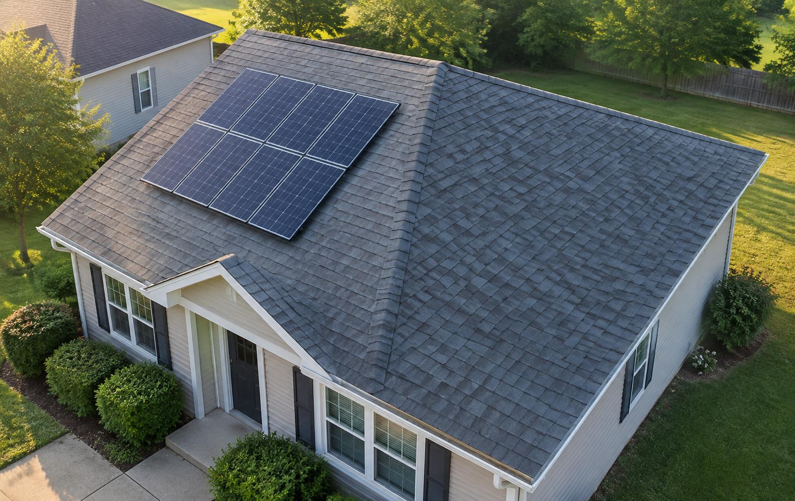 Solar panels and a separate roof work area on a house shown from above.
