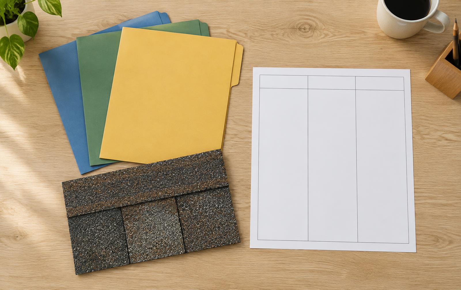 Three roof coverage folders and a shingle sample arranged for comparison.