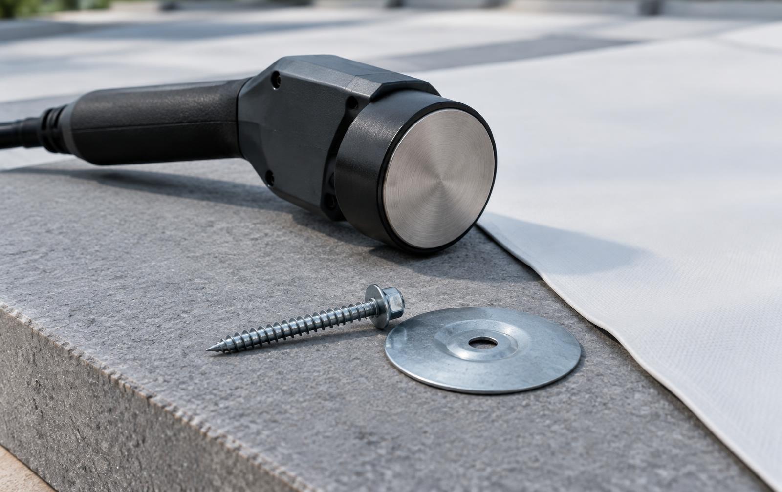 Unbranded induction roofing tool beside a membrane teaching panel, plate, and screw.