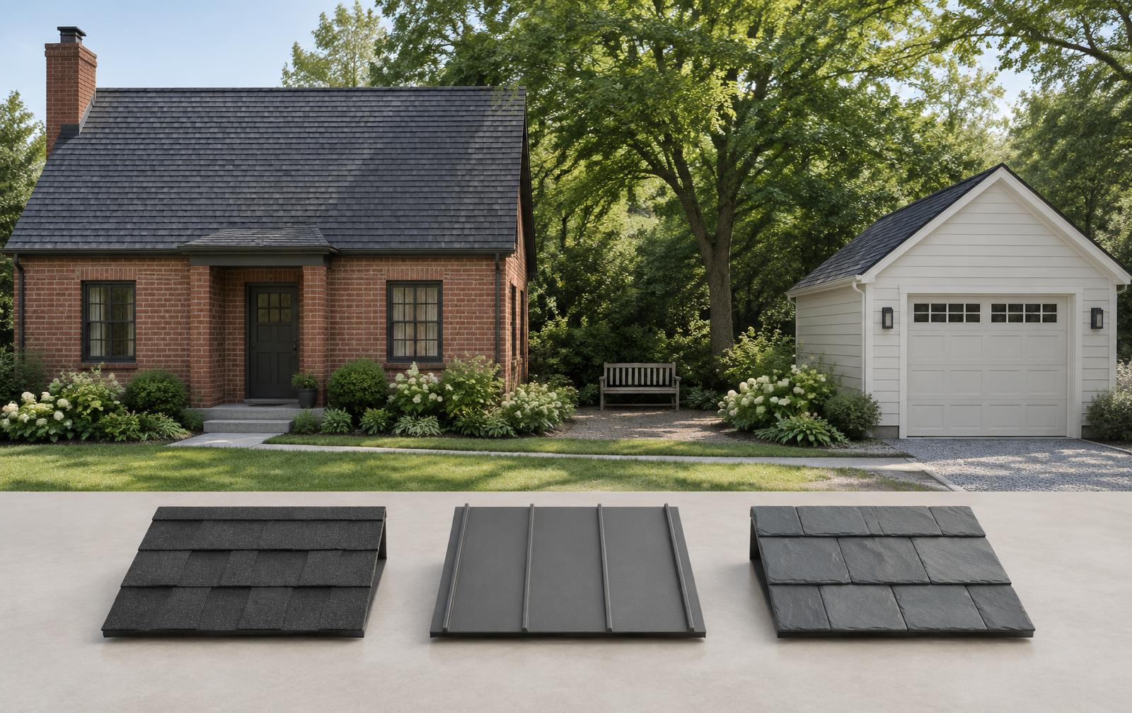 Illustrated house and separate garage with roof samples that still need a product name.