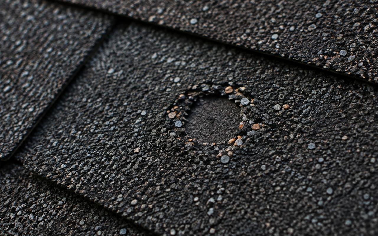 AI illustration: close view of a black shingle with a round spot where the tiny stones are knocked off, showing the dark mat