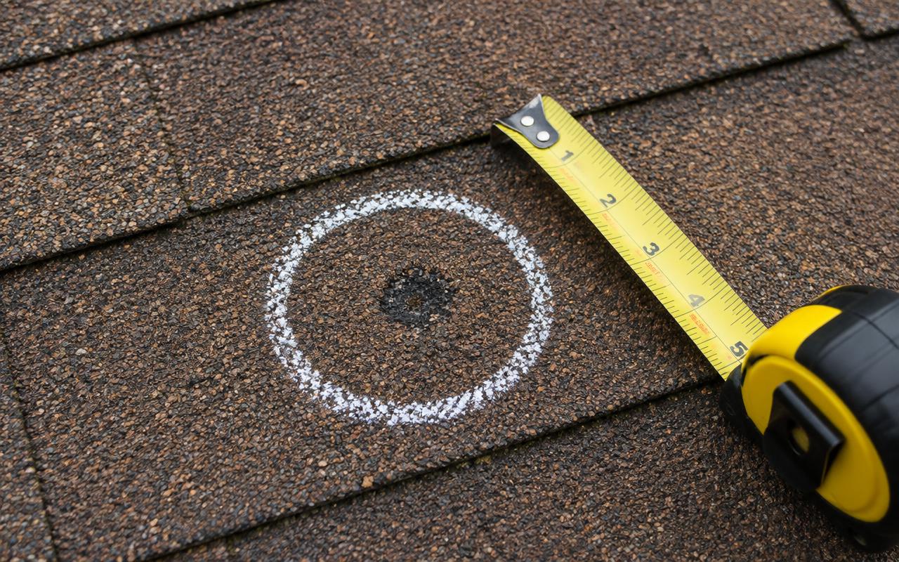 AI illustration: a chalk circle drawn around a small dark spot on a brown shingle, with a tape measure beside it