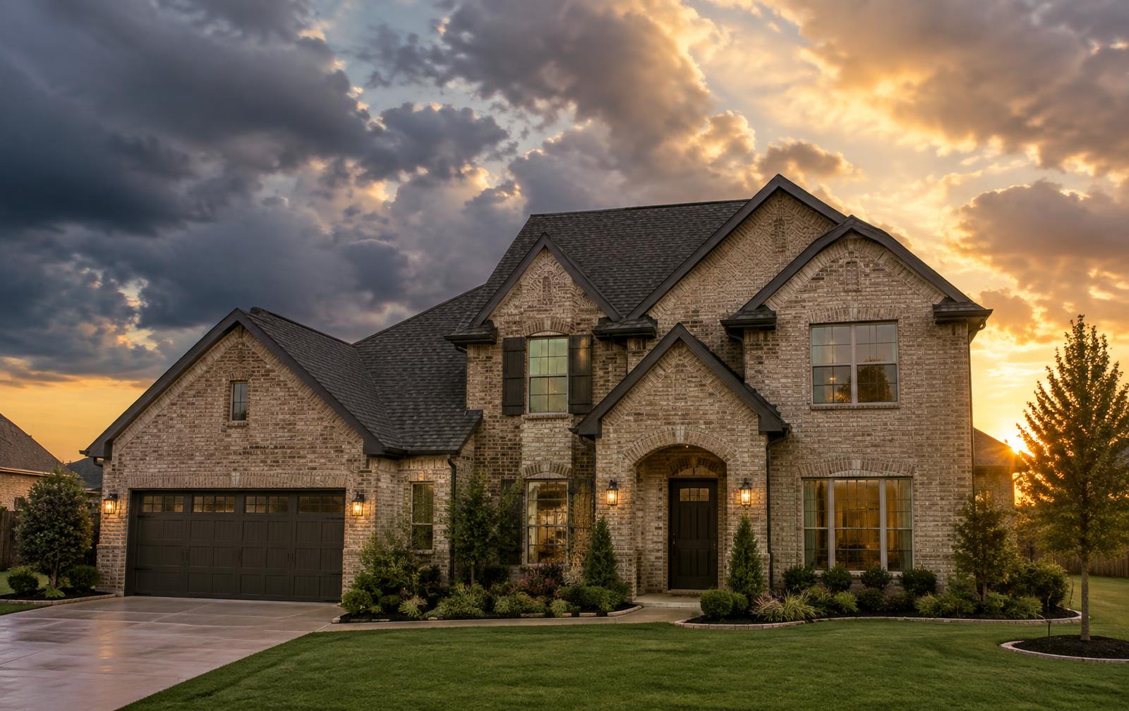 Illustration of a brick Dallas-area home with a dark shingle roof