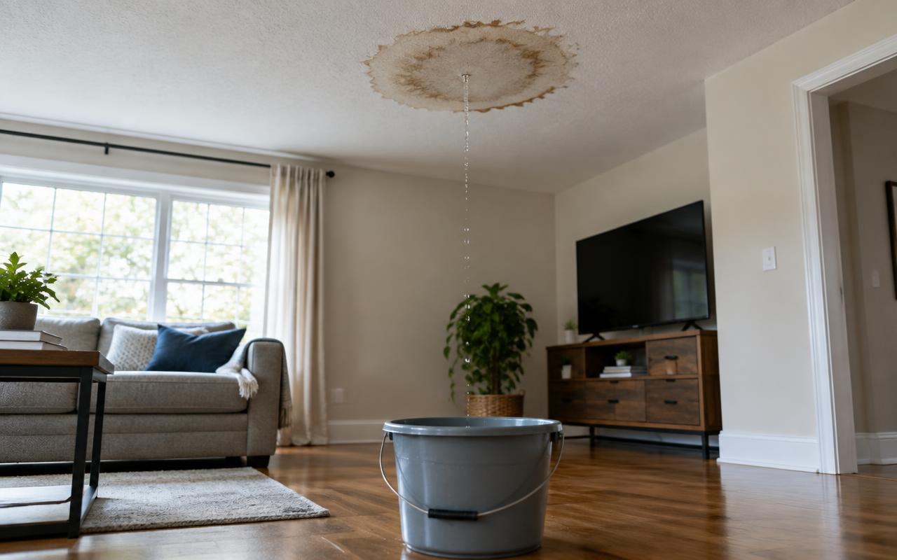AI illustration: a brown water stain on a living room ceiling with water dripping into a gray bucket