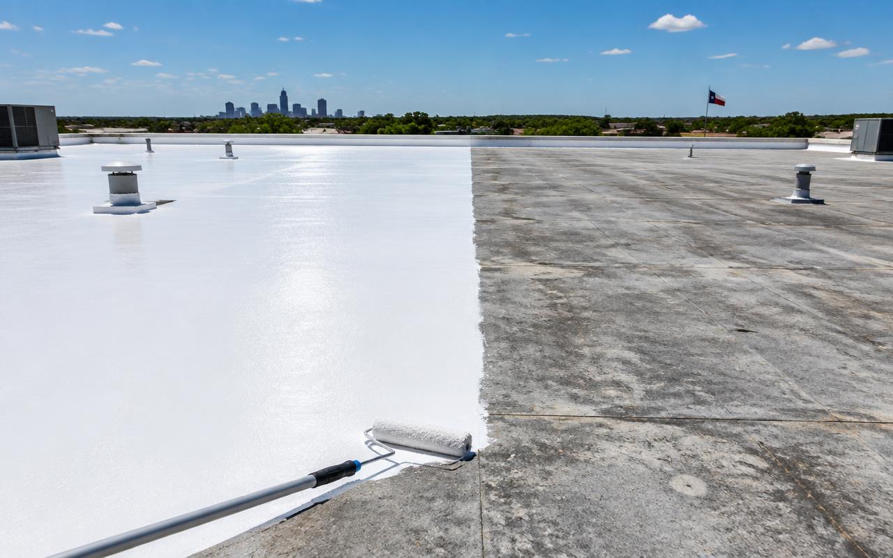 AI illustration: a flat roof half covered with fresh white liquid coating and half still old gray membrane, with a roller at the edge