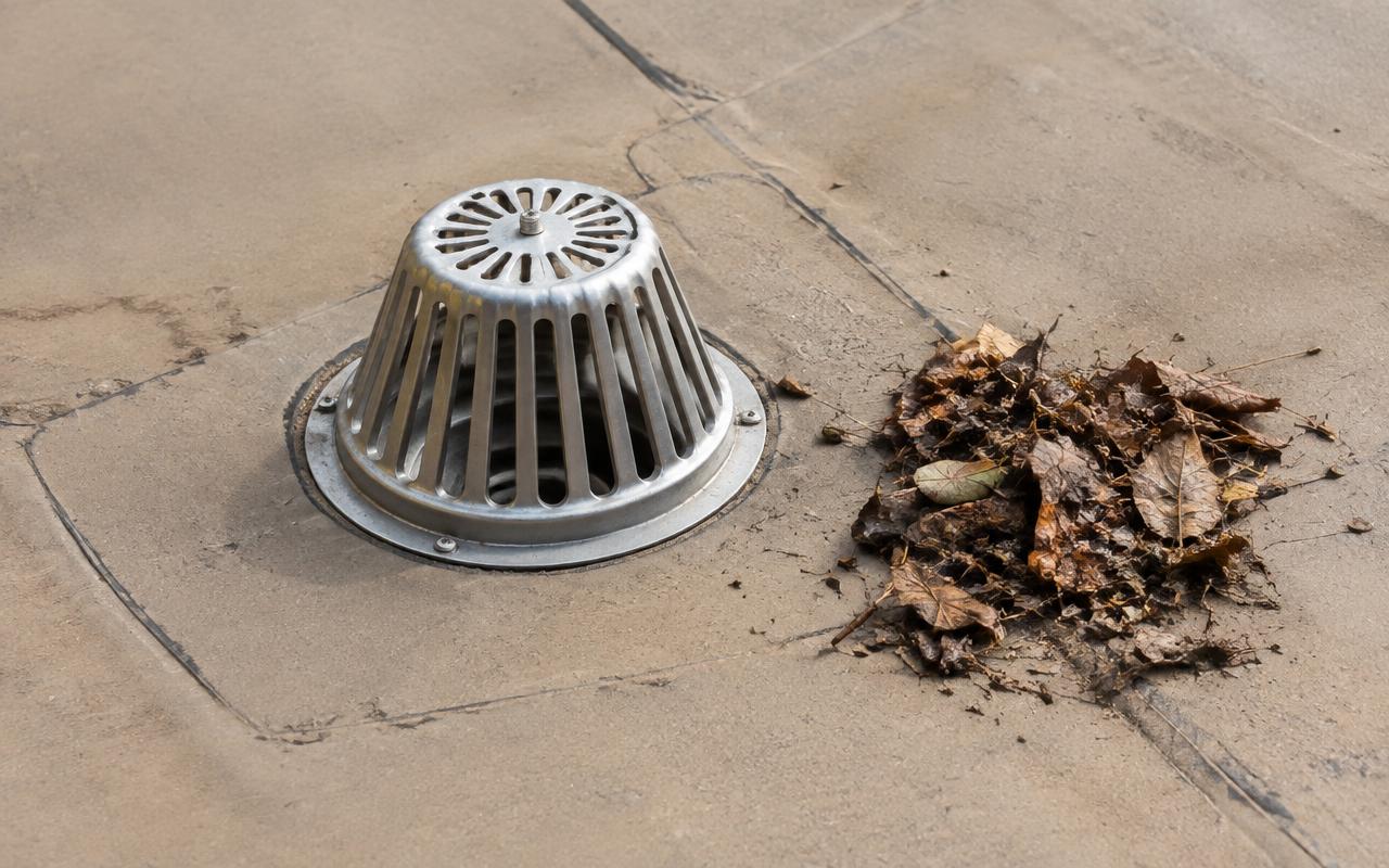 AI illustration: a clean metal roof drain cover beside a small pile of cleared leaves on a tan roof