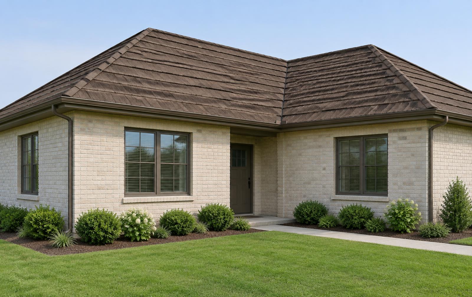Illustrated L-shaped house with textured steel roof panels and a side valley.