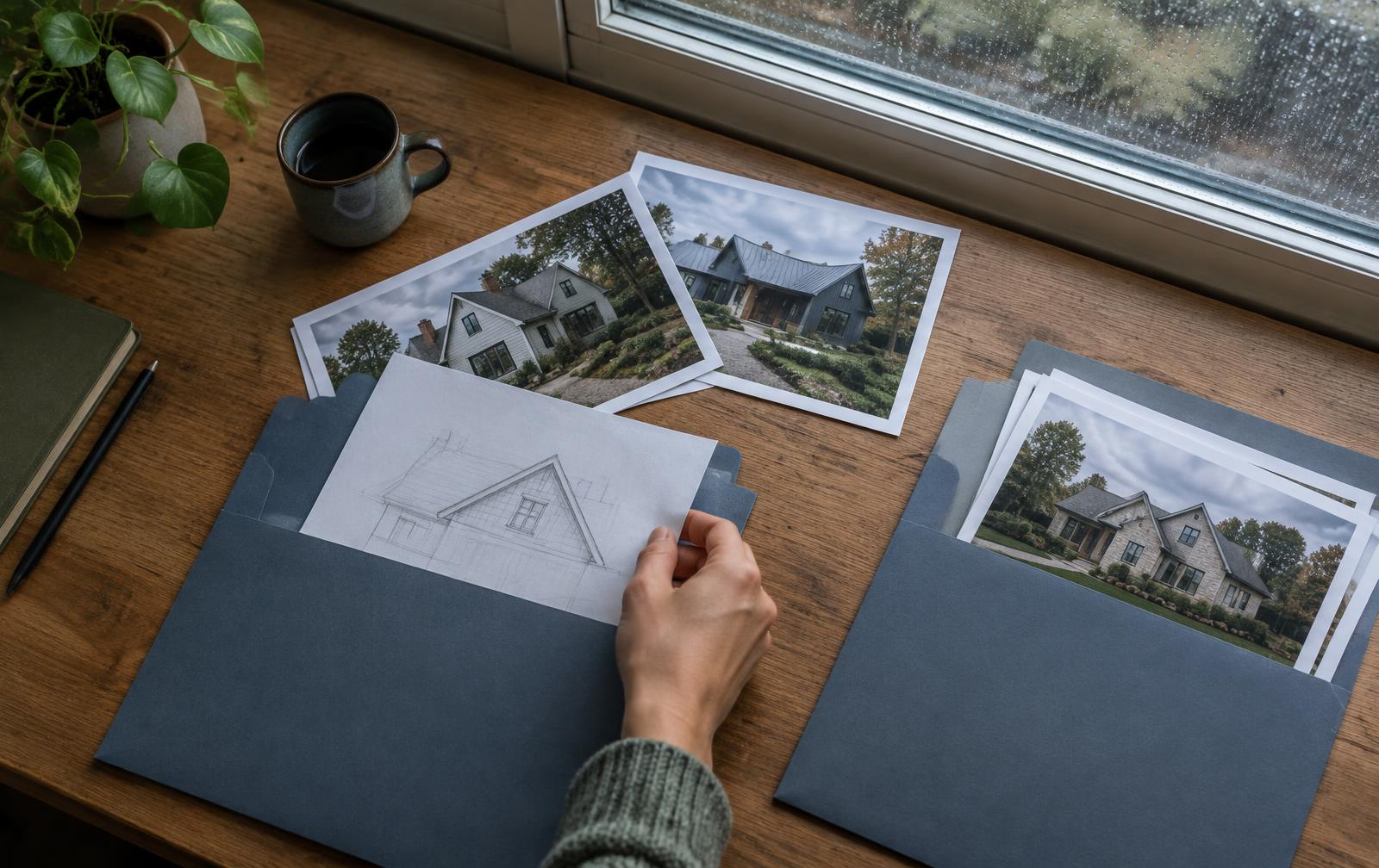 Illustration of a roof sketch and labeled photo records on a desk after rain.