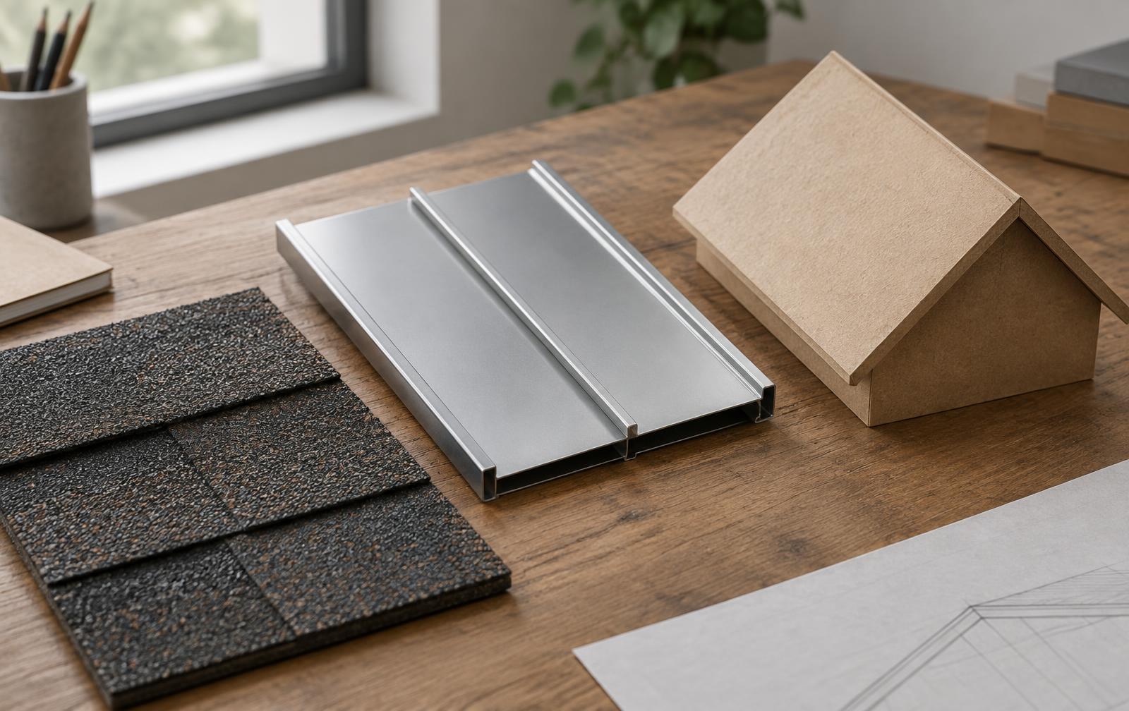 Illustration of shingle and metal samples beside a roof-shape study model.