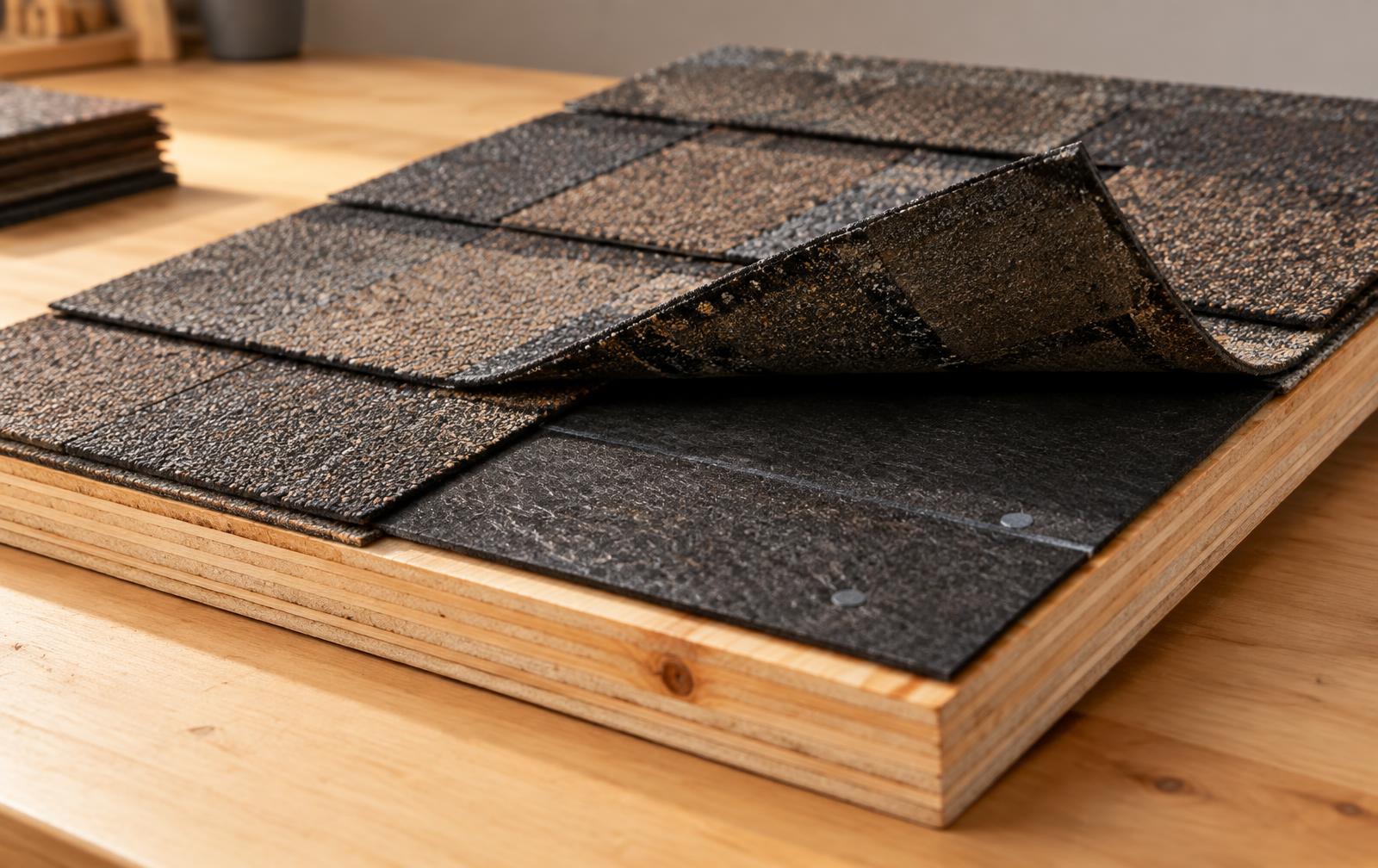 Illustration of a small roof-layer sample on a workbench.