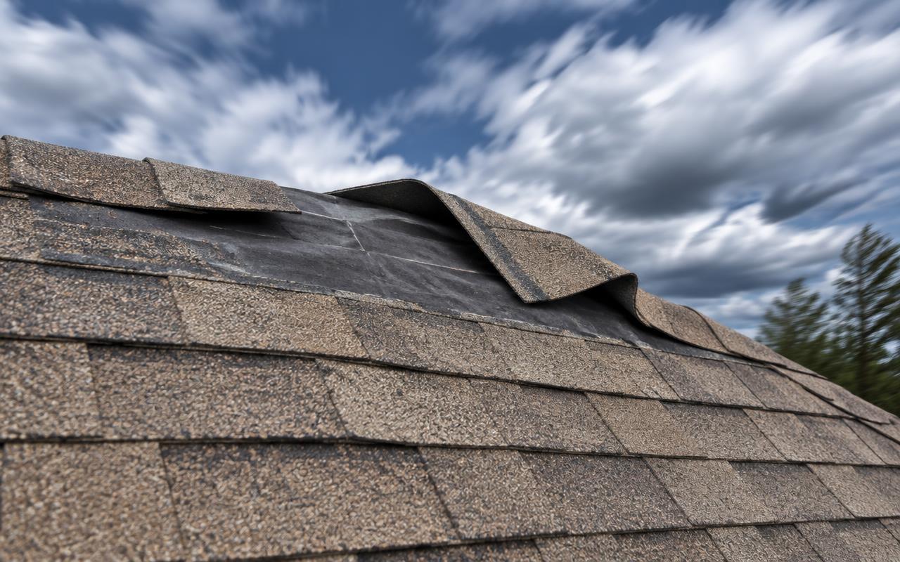 AI illustration: a row of tan shingles near a roof ridge folded back by wind, showing the dark layer underneath